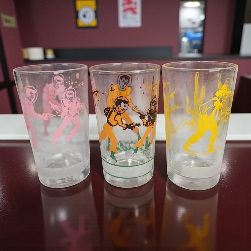 1960s Hazel Atlas Fantasy Spaceman Cowboy Western Drinking Glass Lot Of 3